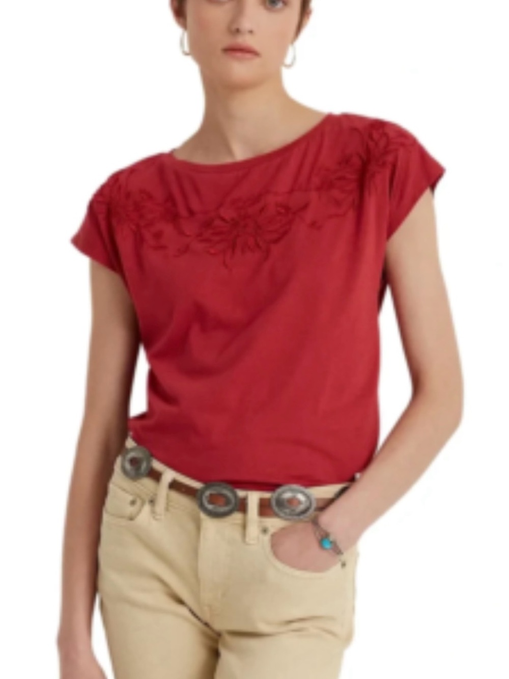 Lauren Ralph Lauren Red Embroidered Cotton Modal Top Size Medium